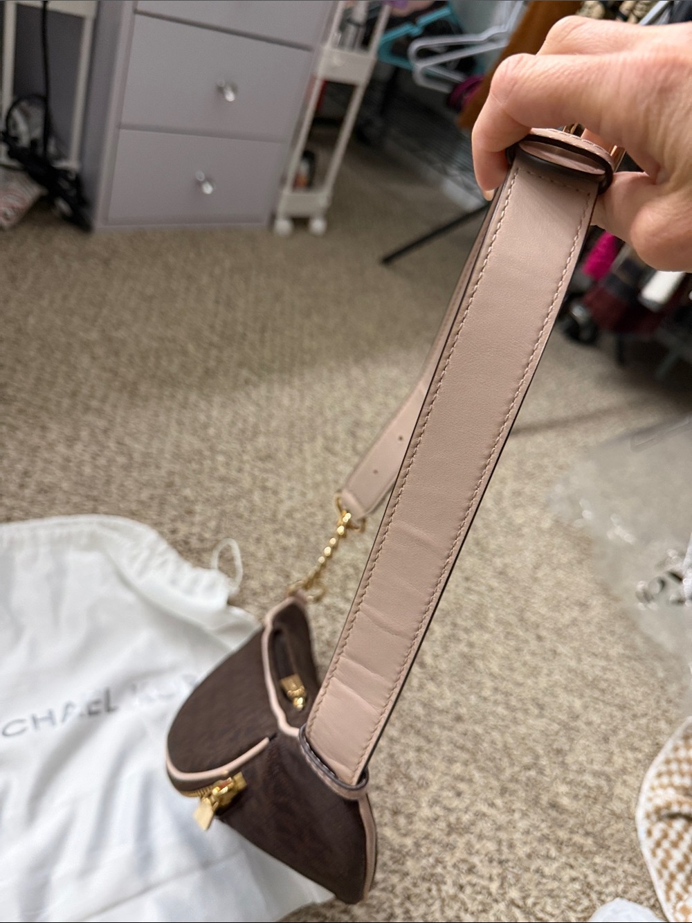 Michael Kors Brown Monogram Crossbody Belt Bag with Gold Hardware and pink Trim - Picture 5 of 9